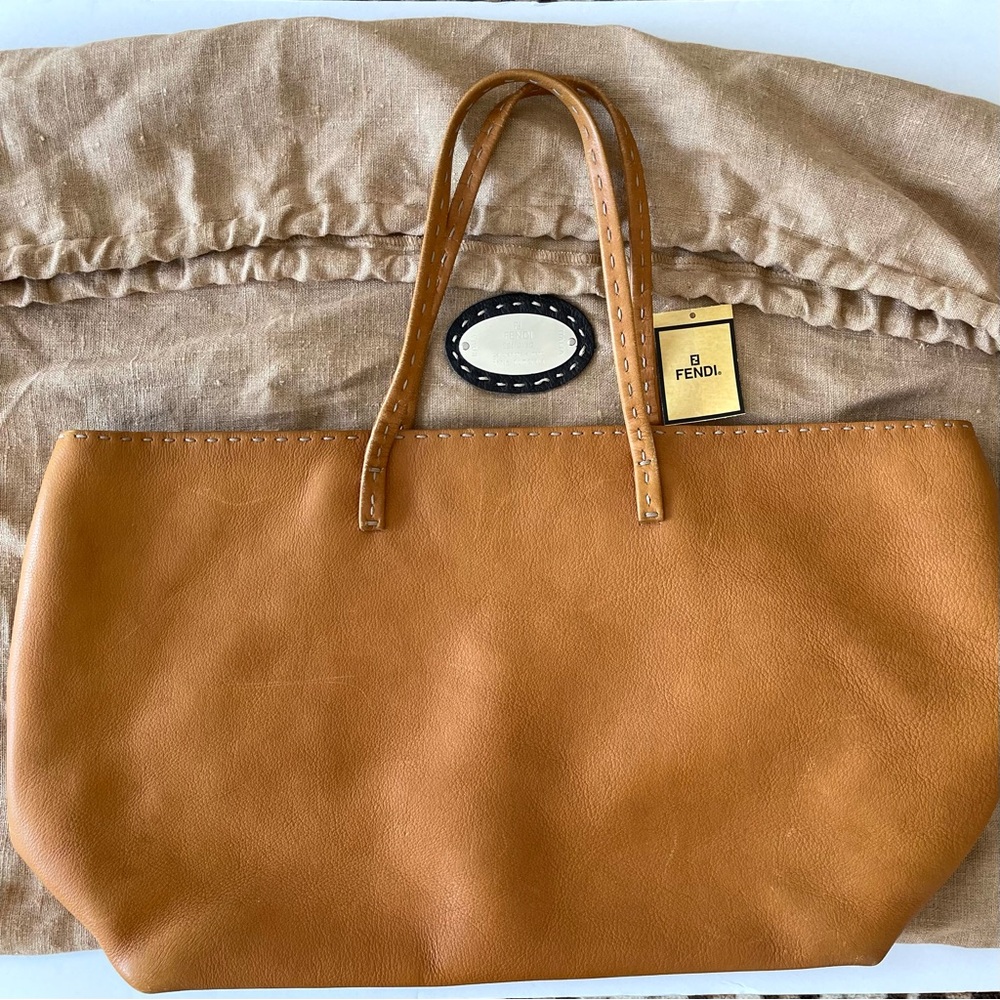 FENDI Selleria Leather Tote Bag Hand Made Tan Camel w/ Top Stitching Dust bag